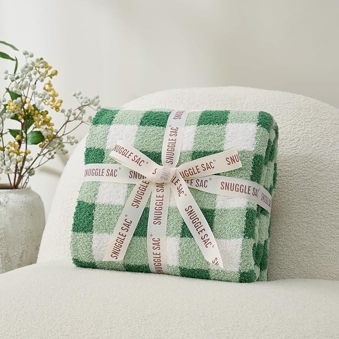 Snuggle Sac Checkered Blanket for Couch, Super Soft Cozy Warm Knit Netural Decorative Fluffy Blankets, Reversible Buffalo Plaid Microfiber Throws for Sofa Bed, Plaid Green, 50x60 Inches