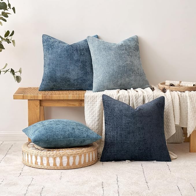 MIULEE Decorative Couch Throw Pillow Covers 18x18 Inch Coastal Blue 2 Pack | Coastal Modern Boho Accent, Soft Chenille Pillow Covers, Farmhouse Cushion Cases for Home Decor Bed Sofa Living Room