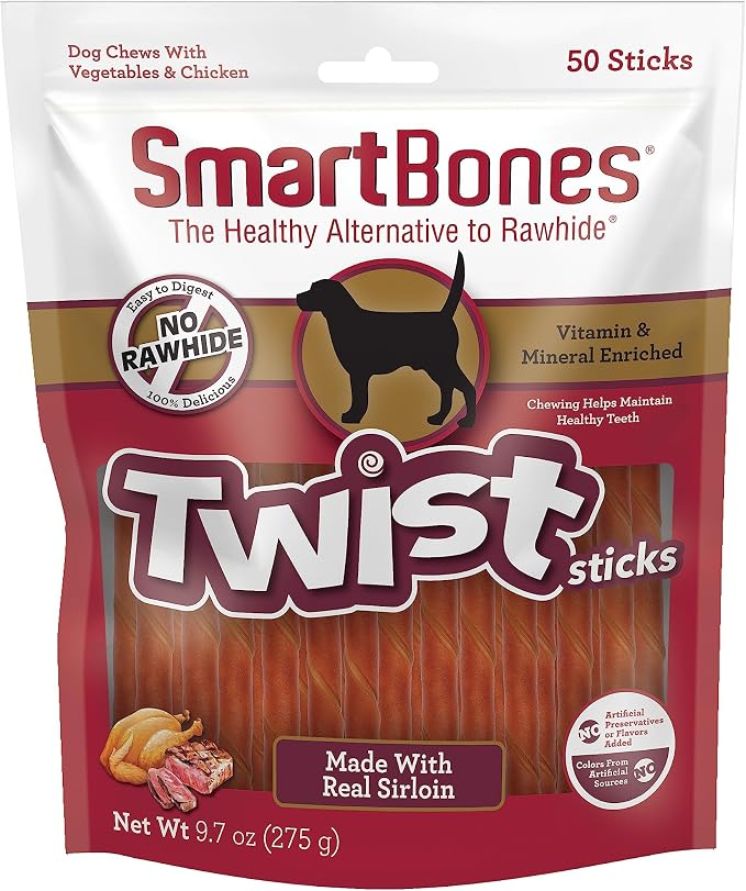 SmartBones Twist Sticks Rawhide-Free Dog Treats, Real Sirloin, 50 Count | With Real Sirloin & Chicken, Easy To Digest Chew, No Artificial Preservatives or Flavors, For Adult Dogs