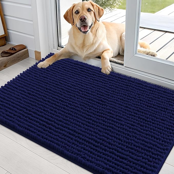 OLANLY Dog Door Mat for Muddy Paws 36x24, Extra Absorbent Chenille Mud Mat | Navy Blue, Absorbs Moisture and Dirt, Non-Slip Machine Washable Doormat, Quick-Drying Indoor Entryway Floor Mat for Dogs