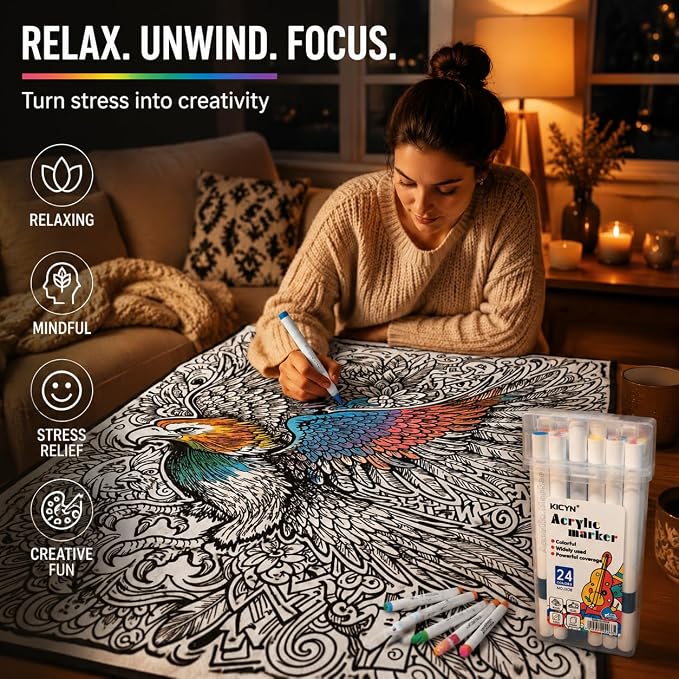 VEELU DIY Coloring Blankets with 24 Colors Markers for Adults | Custom Color In Your Own Blankets With 24 Colors Markers, Snuggle Color Sketch Washable Blankets Kit Home Decor