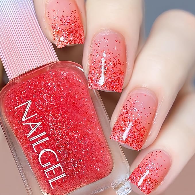 Red Glitter Nail Polish, Clear Base Sparkly Nailpolish with Red & White Glitter, 12ML Air Dry Gel Nail Polish No UV Needed, Transparent Sparkle Top Coat for Women Girls