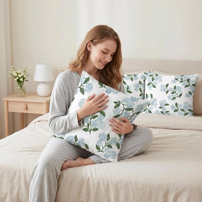 COMMINY Blue Dhalia Linen Pillow Covers 18x18 Set 6 Farmhouse Throw Cover | Decorative Flower, Breathable Linen, Standard Throw Pillow Size, Bedroom Accent Couch Sofa, Spring Summer Decor