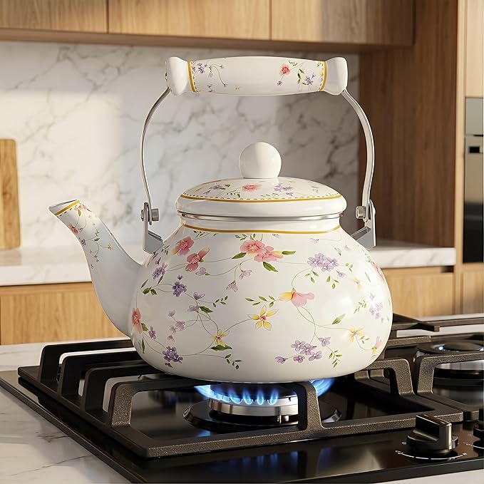 Jucoan Vintage Enamel Tea Kettle, 2.6 Quart Floral Enamel Water Kettle Teapot with Porcelain Handle for Stovetop Home Kitchen Camping, Housewarming Wedding Bridal Shower Mother's Day