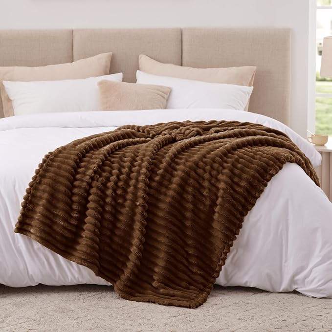 EXQ Home Fleece Throw Blanket for Couch or Bed - 3D Stripe Jacquard Decorative Blankets - 280GSM Cozy Soft Lightweight Fuzzy Flannel Blanket Suitable for All Seasons(50"×60",Brown)