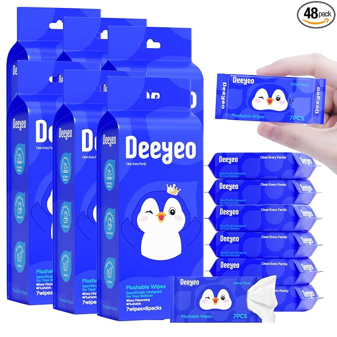 Deeyeo On-the-Go Flushable Butt Wipes, 336 Count (48 Packs of 7) | 99% EDI Purified Water Wipes for Sensitive Skin, Septic and Sewer Safe,Travel Essentials for Adults & Kids