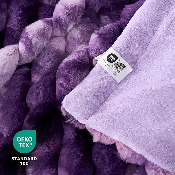 Cozy Bliss Faux Fur Throw Blanket for Couch, Cozy Warm Plush Striped Blanket for Sofa Bedroom Living Room, 60 * 80 Inches Tie-dye Purple