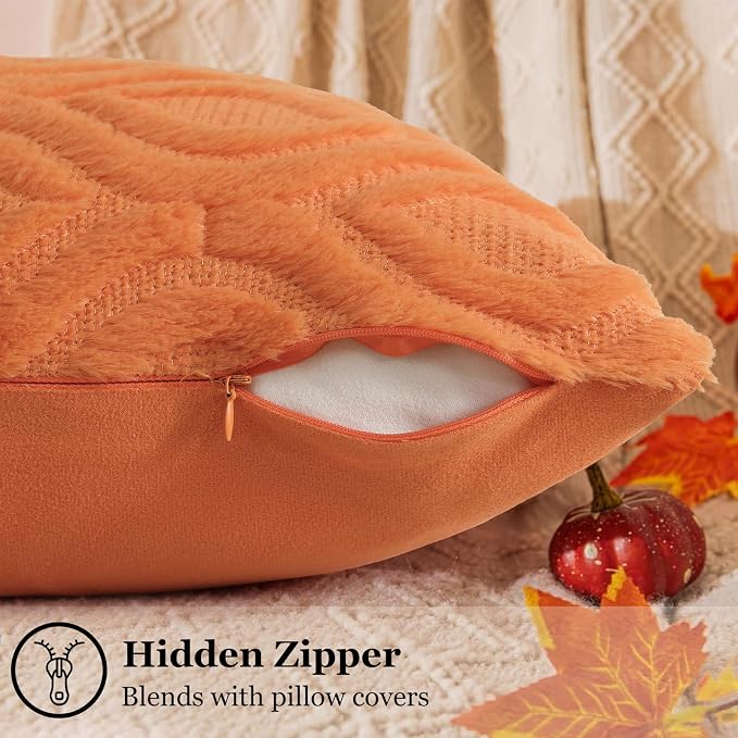 decorUhome Faux Fur Plush Soft Orange Throw Pillow Covers 20x20 Set of 2 | Plush Solid Fall Couch Pillow Covers, Accent Modern Farmhouse Neutral Decorative Square Pillow Cases for Sofa Bed Living Room