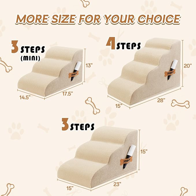 Romrol Dog Stairs Ramp for High Beds Couches, High Density Foam Pet Steps with Durable Non-Slip Waterproof Fabric Cover, Dog Stairs for Small Dogs or Cats or Pets, 3-Step,15 Inch,Beige