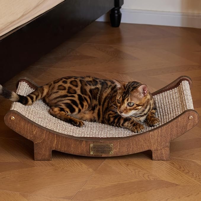 FUKUMARU Sisal Cat Scratcher Bed, Solid Wood Cat Hammock for Indoor Cats | 23.6 Inch Durable Scratching Bed, Large Cat Scratch Pad, Natural Sisal Hammock, Cat Lounger Scratcher for Sleeping (Brown)