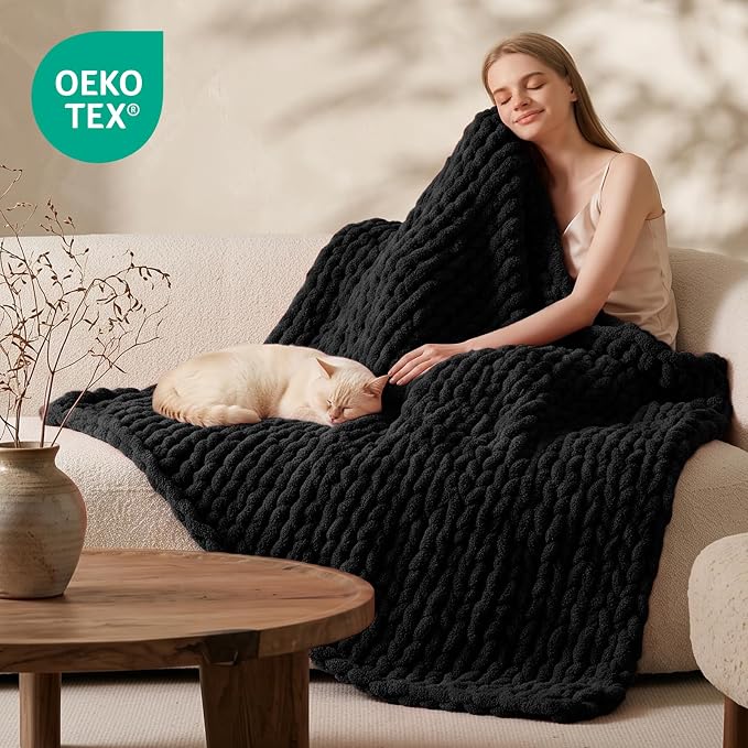 L'AGRATY Chunky Knit Throw Blanket for Couch, 50'' x 70'' Knit Throw, Black | Handmade Chenille Crochet Blanket for Sofa Bed, Thick Cable Knitted Blankets for Room Home Decor, Birthday Gift for Women Mom