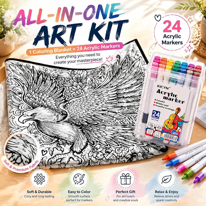 VEELU DIY Coloring Blankets with 24 Colors Markers for Adults | Custom Color In Your Own Blankets With 24 Colors Markers, Snuggle Color Sketch Washable Blankets Kit Home Decor