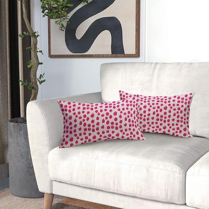 Hot Pink Cream Pillow Covers 12x20 Set of 2 Boho Design Polka Dot Throw Pillows Modern Brush Strokes Print Decorative Outdoor Pillowcase Lumbar Cushion Cover Linen Pillow Case for Home Sofa Couch Bed
