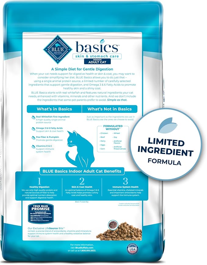 Blue Buffalo Basics Fish Grain-Free Skin & Stomach Care Dry Cat Food, 11 lb | Real Fish #1 Ingredient, Limited Ingredient Diet, Antioxidant-Rich LifeSource Bits, Skin & Coat Health