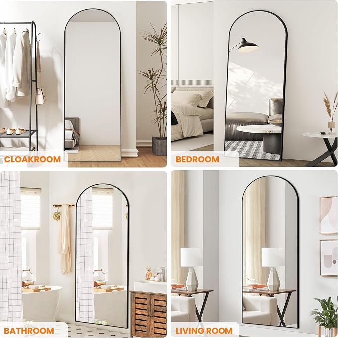Arched Full Length Mirror, 70"x24" Standing Body Mirror for Wall, Black | Built-in Stand, HD Shatterproof Glass, Aluminum Alloy Frame, Hanging or Standing, for Bedroom, Living Room & Dressing Room