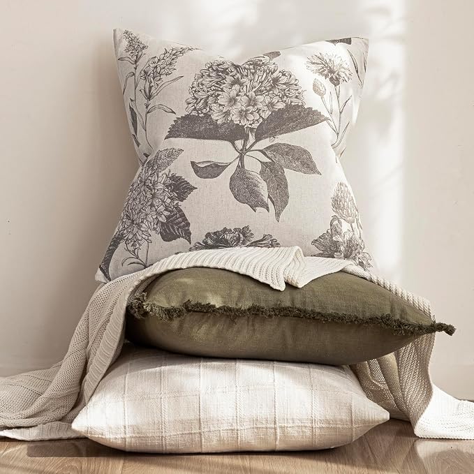 Foindtower Set of 2 Linen Floral Vintage Throw Pillow Covers Neutral Accent Decorative Cushion Covers Farmhouse Boho Home Decor for Sofa Chair Couch Bedroom Living Room,18×18 Inch,Light Gray