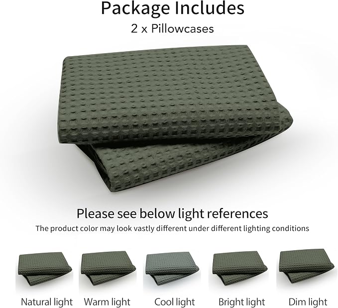 Zaizaihome 100% Egyptian Cotton Waffle Weave Pillowcases Queen Size 2 Pack | Ultra Soft Pillow Shams with Envelope Closure, Breathable Skin-Friendly Decorative Bed Pillow Case, Olive Green, 20"x30"