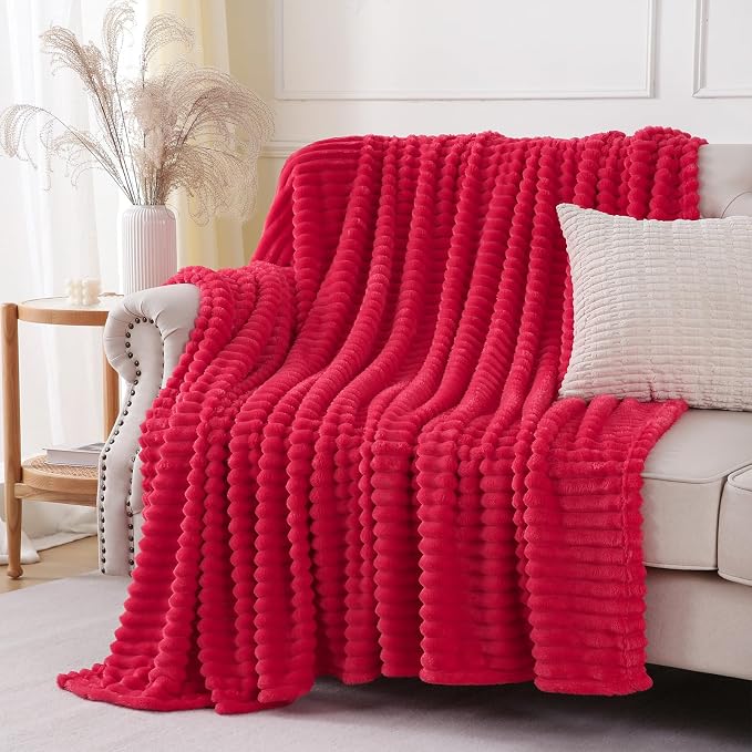 Cherry Red Throw Blanket for Couch Sofa 50x60 inches Striped Design | Fleece Blankets Room Home Decor Lightweight Plush Soft Cozy Gifts for Women Mom
