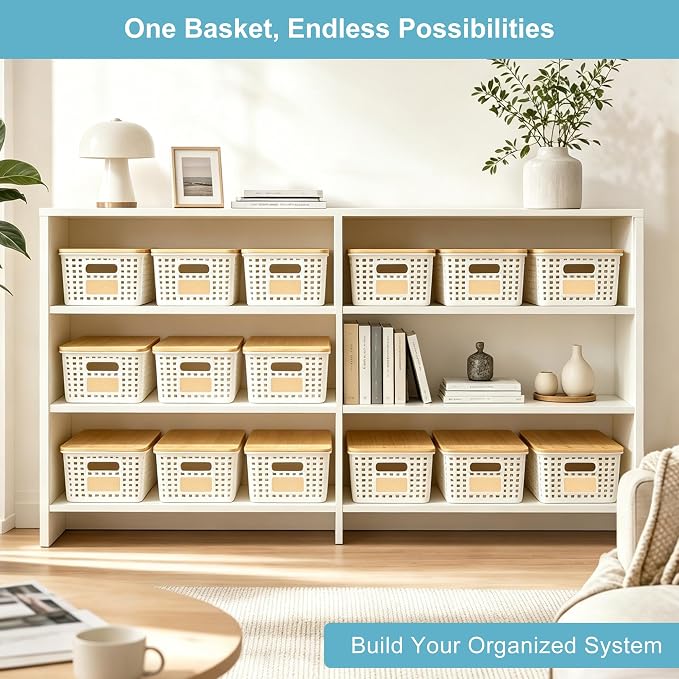 Small Plastic Storage Bins with Bamboo Lids 5.2qt Stackable Box Basket Pantry Decorative Containers Cute with Labels for Organizing Desktop Closet Office Cream White of 6 packs 10*7.2*4.1"