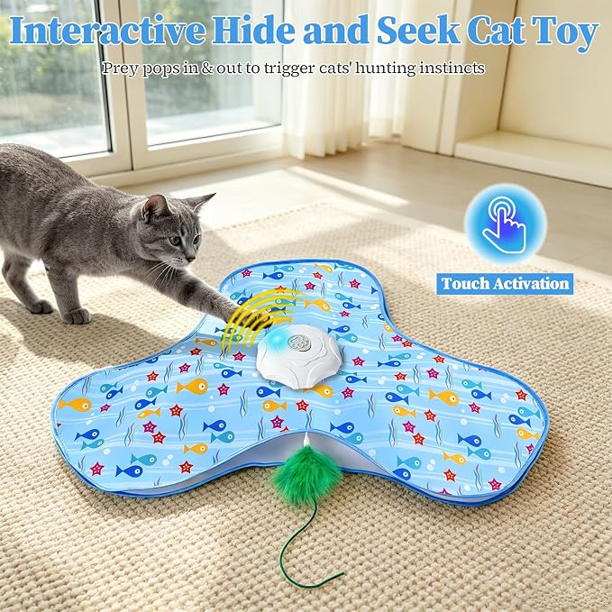 Interactive Cat Toys for Indoor Cats, Automatic Hide and Seek Motion-Activated Cat Toy with Moving Feather & Animal Chirps, USB Rechargeable Electric Cat Enrichment Toy for Bored Adult Cats & Kittens
