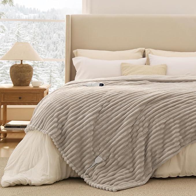 Bedsure Heated Blanket Full Size - Thick Striped Fast Heating Electric Blanket with Preheat Function, 6 Heat & 6 Timer (Up to 10H), 8H Auto Off, ETL Certified, Gift for Grandma (72"x84", Linen)