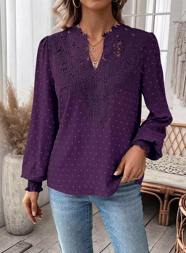 Womens Tops Swiss Dot Boho Long Sleeve Shirts V Neck Casual Chiffon Blouses Flowy Lace Hem Cute Clothing Trendy 2026