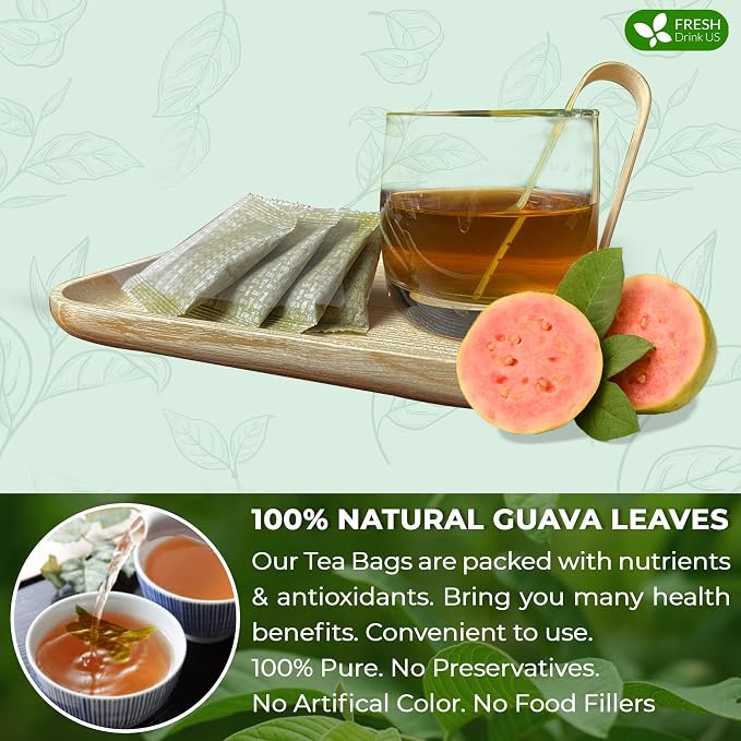 FreshDrinkUS, Premium Leaf Tea Bags, 100% Natural & Pure. Herbal Tea. No Sugar, No Caffeine, No Gluten, Vegan. (15 Bags Guava Leaves)