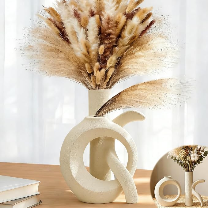 Assemble OK Ceramic Vase Set of 2 for Home Decor, Modern Boho Ins Style Matte Vase for Pampas Grass for Table Centerpiece, Living Room, Shelf, Mantle, Housewarming Gift (Beige White)