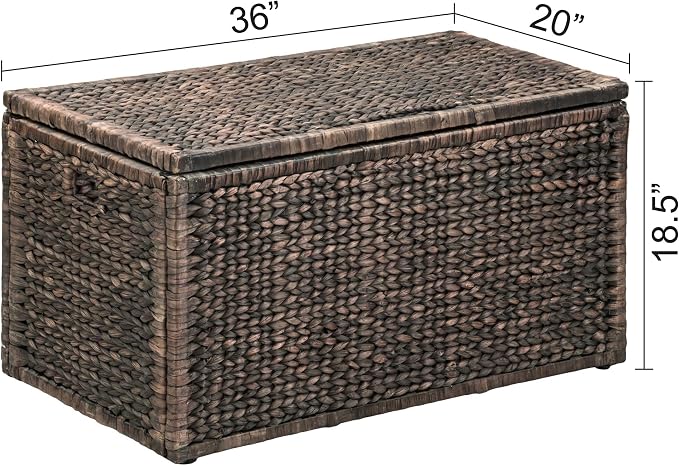 Wicker Storage Trunk, Brown Wash, 36x20x18.5 | 2 Safety Hinghes, Metal Frame, Heavy-duty, Water Hyacinth