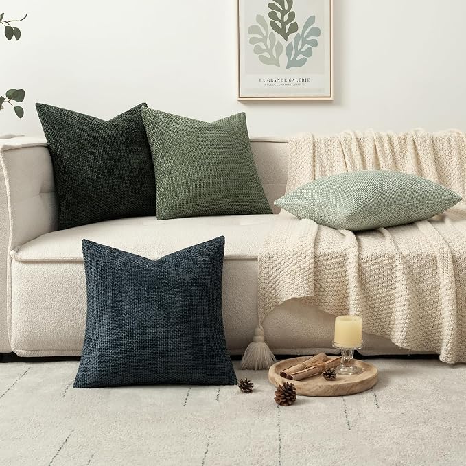 MIULEE Soft Decorative Chenille Pillow Covers Green 16x16 Pack of 4 | Nordic Home Decor, Nature-Inspired Green Set, Couch Throw Pillows, Farmhouse Boho Cushion Covers for Sofa Bed Living Room