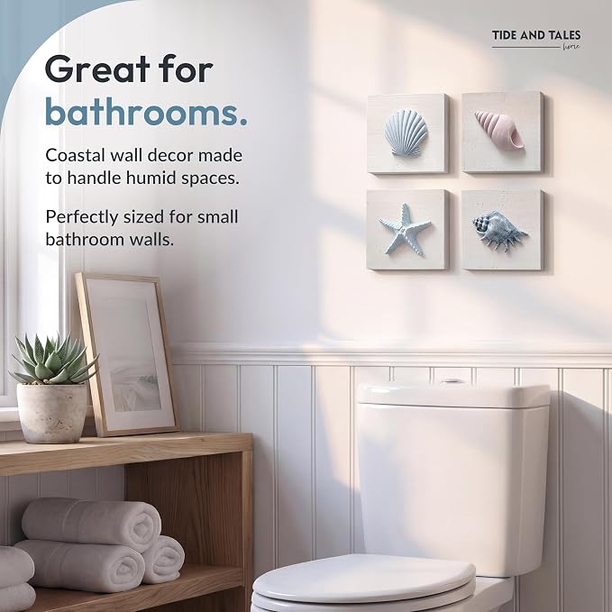 Tide and Tales 3D Seashell Wall Art, Coastal Bathroom Wall Decor, Set of 4 | 6" x 6", Textured 3D Beach Decor, Rustic Ocean Theme Decorations for Home or Beach House, Hanging Ready, Gift Boxed
