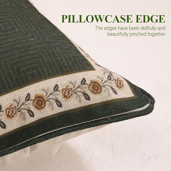 Vintage Linen Square Throw Pillow Cover,Set of 2,18"x18"-Murad E | Designer French Green Pillow Cover,Concealed Zipper Design,Floral and Bird Pattern,Sofa,Bedroom,Living Room,Lounge Chairs