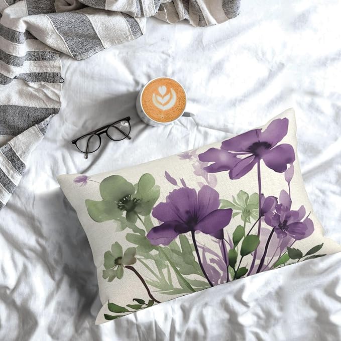 Spring Floral Pillow Covers 12x20 Inches Set of 2 Sage Green Purple Floral Throw Pillow Cover Outdoor Summer Flower Decoration Pillowcase Farmhouse Decorative Lumbar Cushion Cover For Home Sofa