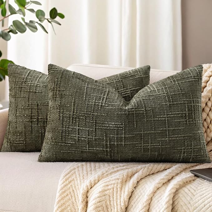decorUhome Textured Chenille Throw Pillow Covers 12x20 Set of 2 Army Green | Fall Modern Farmhouse Soft Cozy Slubby Couch Pillow Cases Boho Decorative Pillow Cases for Bed Sofa Living Room Home Decor