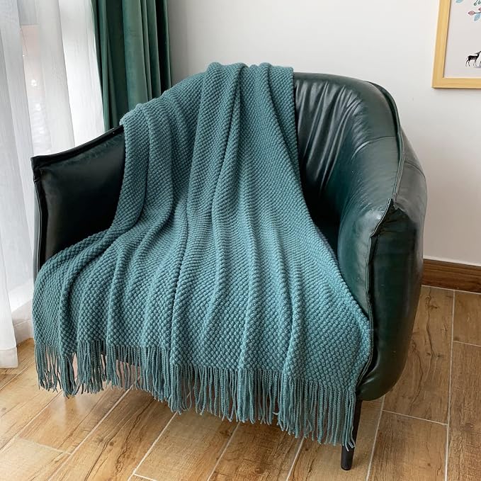 LOMAO Knitted Throw Blanket with Tassels Bubble Textured Lightweight Throws for Couch Cover Home Decor (Teal, 60x80)