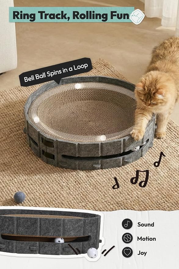 Cat Scratcher Bed, Oval Cardboard Cat Scratcher for Indoor Cats, High-Density Ergonomic Curved Cat Scratch Pad with Bell Ball Toy for Sleeping, Scratching & Mental Enrichment (Dark Gray, M)