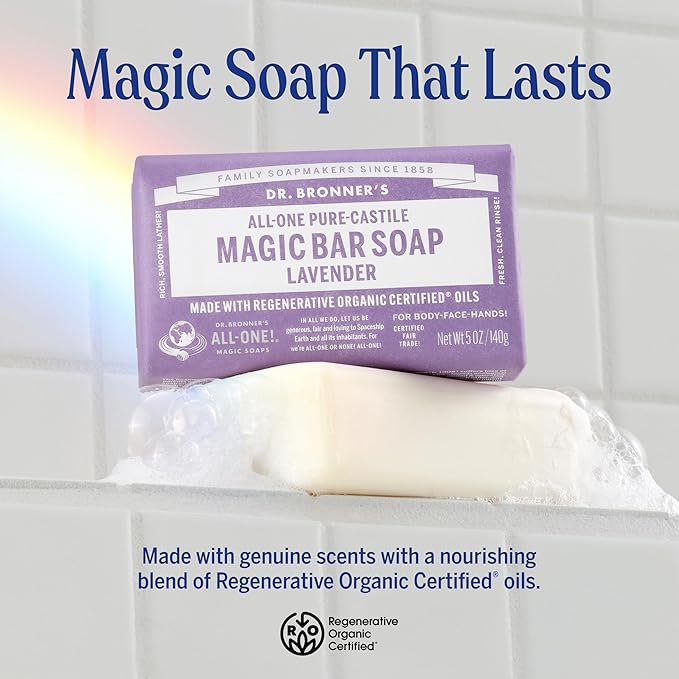 Dr. Bronner's Pure-Castile Magic Soap Bars (Lavender, 5 oz, 6-Pack)- Bath Soap with Regenerative Organic Certified Oils- For Face, Body & Hair - Gentle, Biodegradable, Vegan- Bar Soaps for Men & Women