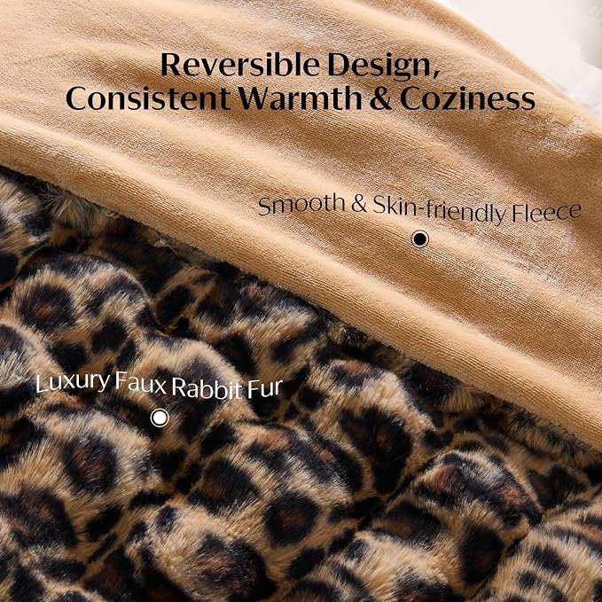 DOWNCOOL Large Faux Rabbit Fur Throw Blanket, Soft Fluffy Fuzzy Plush Bubble Blanket for Couch Sofa & Bed, Cozy Warm Luxury Fleece Minky Blanket, 90x90 Inches Leopard Print