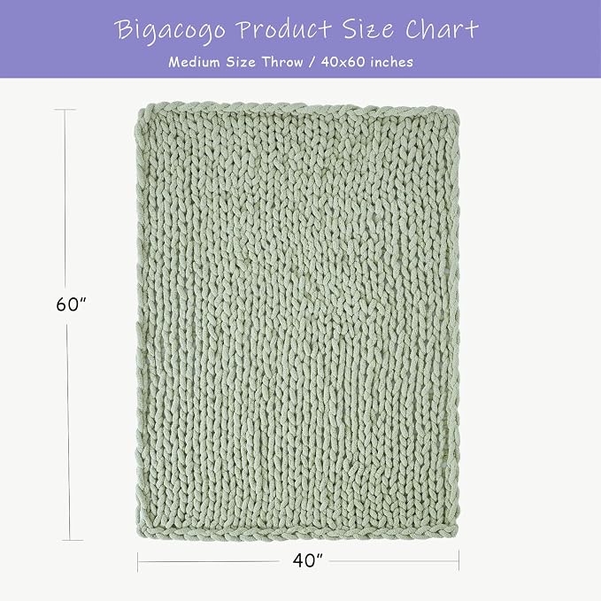 Bigacogo Chunky Knit Throw Blanket for Couch, 40x60 inches, Sage Green | Hand Knit with Jumbo Chenille, Soft Breathable Cable Knit for Sofa Bed Living Room, Machine Washable, Gift for Mom Friend
