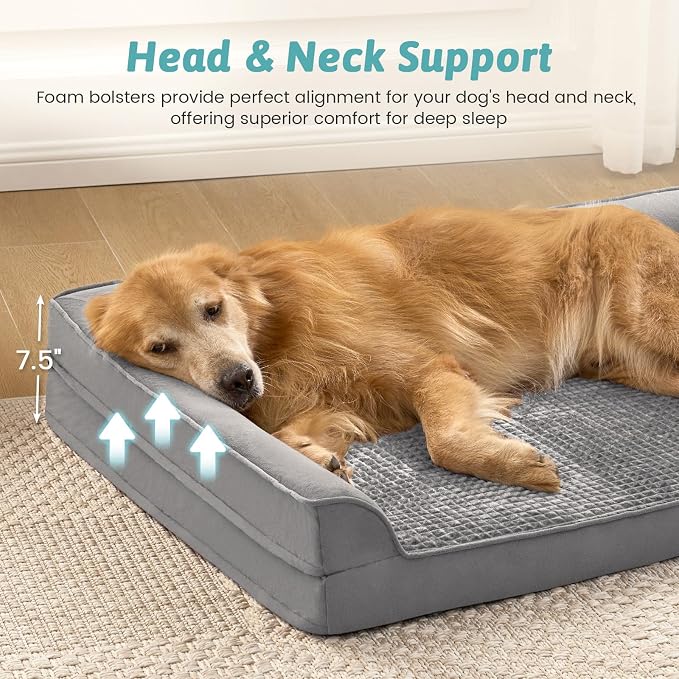 COZY KISS Orthopedic Dog Bed for Extra Large Dogs, L Shaped XXL 48x32 inch | Non-Slip Bottom Soft Pet Sofa with Washable Removable Waterproof Cover, Egg-Crate Foam Couch with Portable Handle, Grey