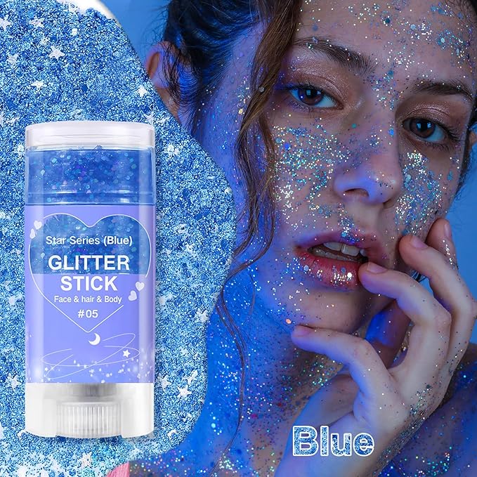 Blue Body Glitter Stick, Sparkling Hair Glitter for Kids and Women, Waterproof Face Hair and Body Glitter Makeup, Rave Accessories Carnival Chunky Sequins