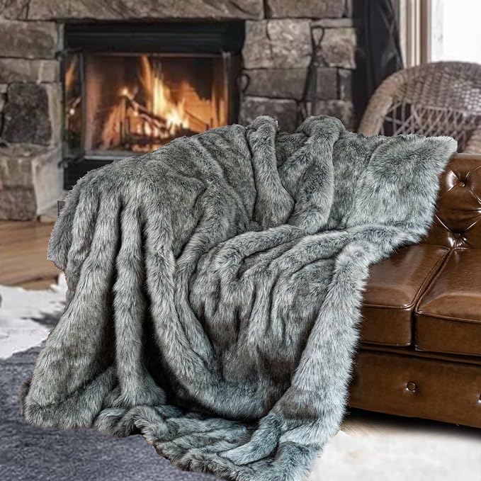 BATTILO Luxury Silver Grey Faux Fur Throw Blanket for Couch, 50"x60", Thick | Soft Cozy Plush Warm Elegant Furry Fluffy Faux Fur Blanket for Bed, Sofa, Living Room, Long Pile with Black Tips