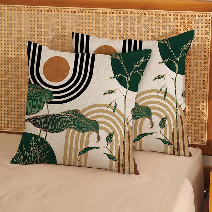 Boho Green Pillow Covers 18x18 Set of 2 Green Gold Leaf Tropical Mid Century Throw Pillows Outdoor Bohemian Modern Decorative Pillowcase Farmhouse Linen Cushion Case for Couch Sofa Decor