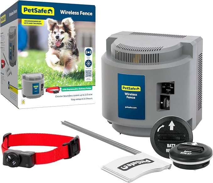 PetSafe Wireless Fence Pet Containment System + Batteries, Up to 1/2 Acre | Includes extra 2-pack RFA-67 Batteries, Static & Tone, Sets up in 1-2 Hrs, Waterproof Collar, Dogs 8 lb+, Necks 6-28in