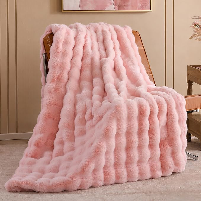 Faux Rabbit Fur Throw for Couch - Blush Pink Bubble Blanket 60"x80" | Fluffy Plush Fuzzy Throw for Sofa & Bed, Super Soft Cozy Comfrt Blanket, Luxury Aesthetic Pink Decor Gift for Women