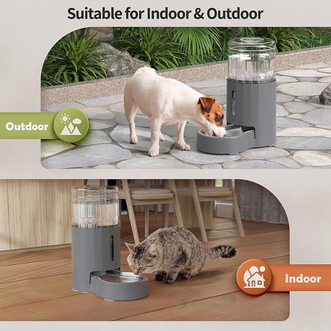JUNSPOW Cat Water Dispenser and Stainless Steel Bowl | Automatic Gravity Water Dispenser for Cats or Small Medium Size Dogs, Large Capacity, Easy to Clean and Safe for Pets