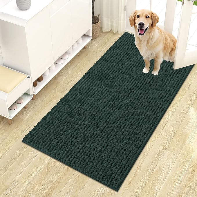 OLANLY Dog Door Mat for Muddy Paws 44x24, Extra Absorbent Chenille Mud Mat | Blackish Green, Absorbs Moisture and Dirt, Non-Slip Machine Washable Doormat, Quick-Drying Indoor Entryway Floor Mat for Dogs