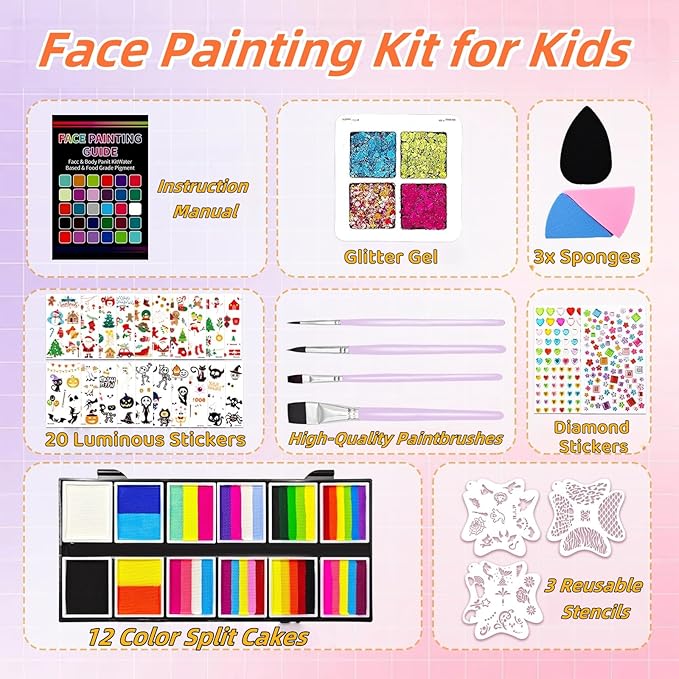 Face Painting Kit for Kids & Adults - 12x10g Non-Toxic Hypoallergenic Split Cake Face Paint Palette ,Water Activated Rainbow Face Paint with Stencils | Halloween, Christmas, Party Makeup