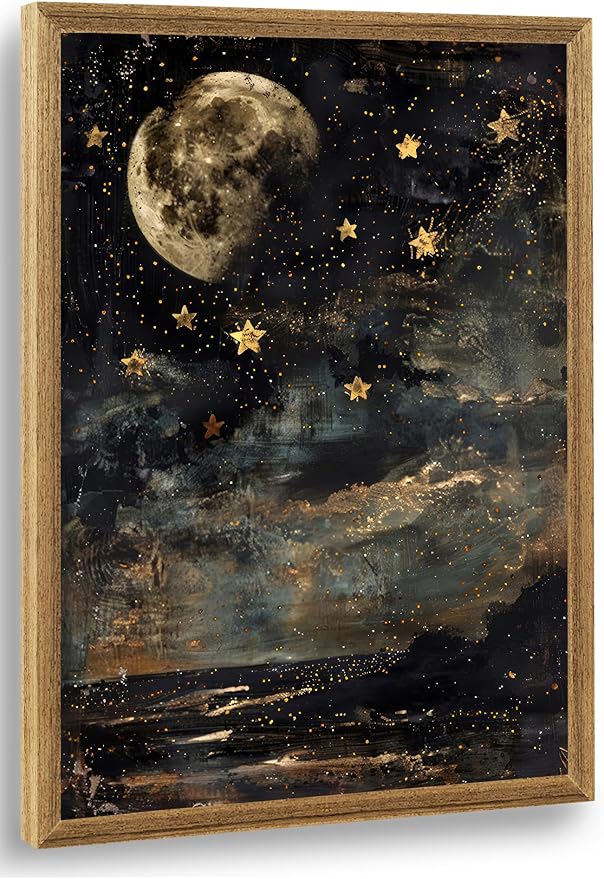 ICHZUMW Framed Moon and Stars Celestial Vintage Canvas Wall Art 12x16 In | Dark Moody Night Sky Painting, Gothic Dark Academia Wall Decor for Bedroom Living Room Bathroom Office, Ready to Hang