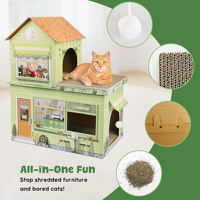 Cardboard Cat Houses for Indoor Cats Kitten Scratcher Houses Cafe Themed | Cat Condos Hut Hideout Play House Bed with Scratching Pads, Scratch Box for Large Kitty Rabbit Bunny Small Animals